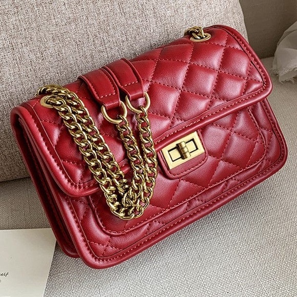 Infinity Raine Handbags - COPY - Diamond Quilted Gold Chain Shoulder Bag-Red